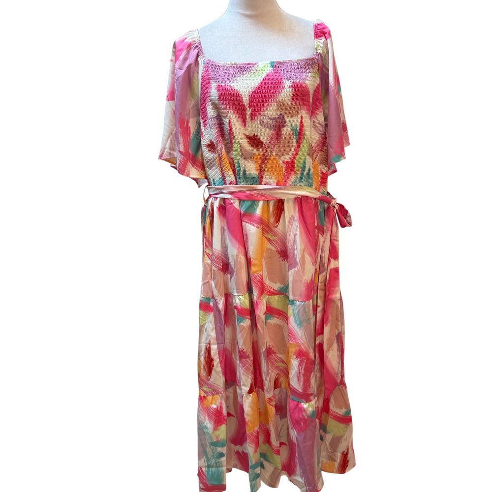 Bloomchic Women 26 Plus Size Abstract Print‎ Smocked Midi Dress Square Neck Pink